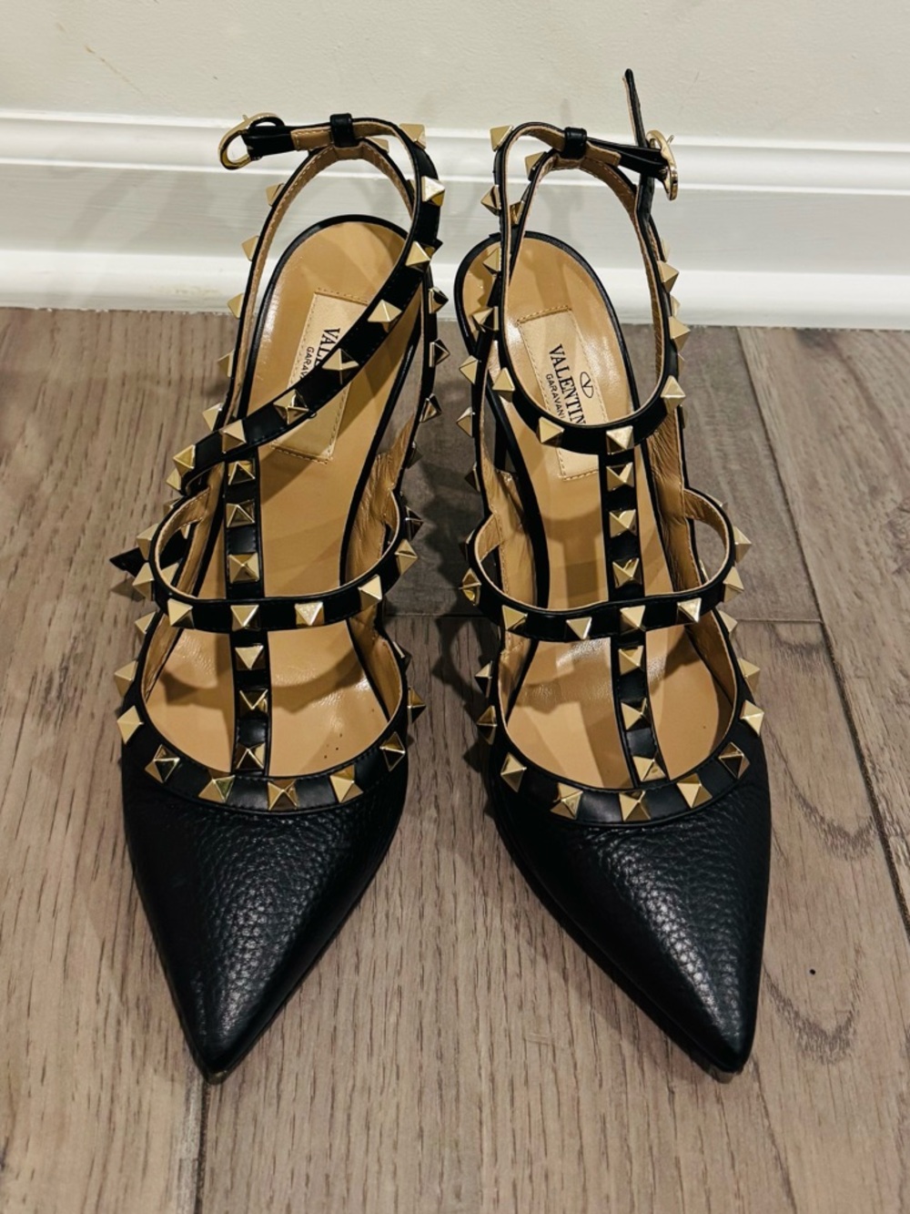 Valentino Garavani Black Leather Rockstud Strappy Pointed Pumps